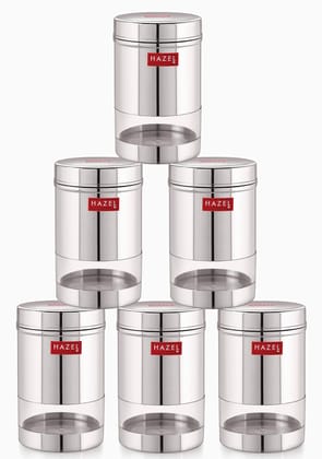 HAZEL Stainless Steel Kitchen Container, 600 ml Each Transparent Kitchen Container Set with Glossy Finish , Multipurpose Kitchen Storage Organizer, Set of 6