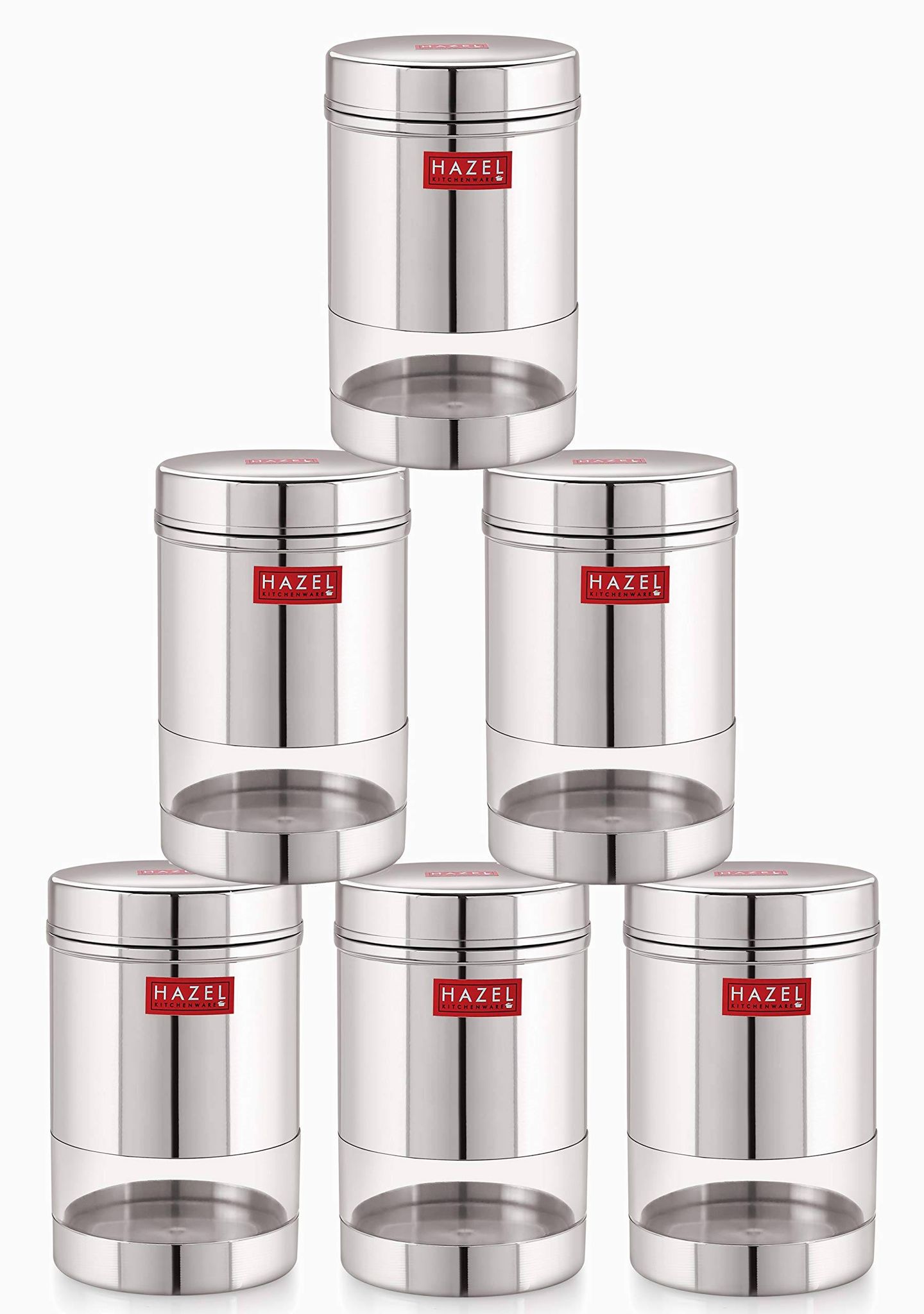 HAZEL Stainless Steel Kitchen Container, 600 ml Each Transparent Kitchen Container Set with Glossy Finish , Multipurpose Kitchen Storage Organizer, Set of 6