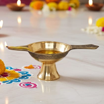 Brass Table Decor Oil Lamp Deepak No. 5  - Extra Large Brass Diya for Festivals, Height : 2.3 Inch (FMAS626 F)