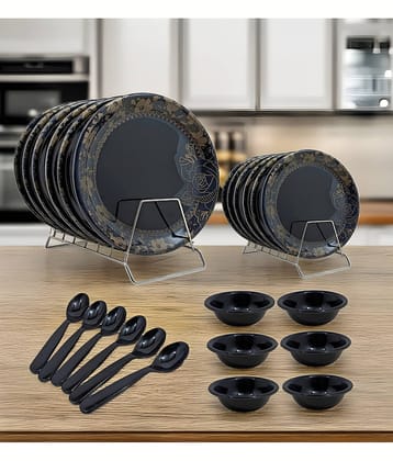 Inpro Utensils Set for Family Meals! Printed Melamine Dinner Set ( Pack of 18 ) Black
