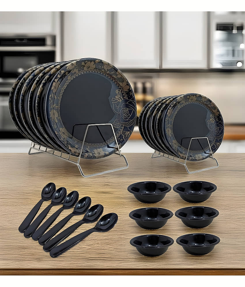 Inpro Utensils Set for Family Meals! Printed Melamine Dinner Set ( Pack of 18 ) Black