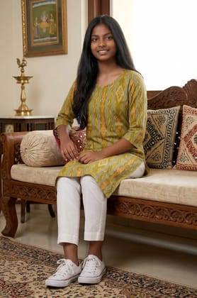 Sambalpuri Ikat Diamond Olive-Odisha Handloom Cotton Kurti