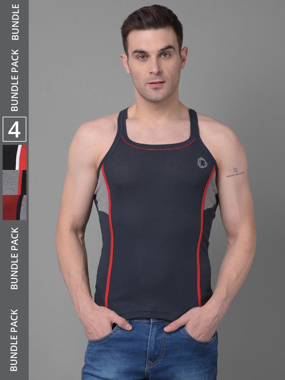 Men's Assorted Pack of 4 Solid Combed Cotton Racerback Styled Gym Vest