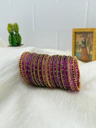 Dark Majenta and Gold Glass & Stone Bangle Set - 5112-2.2 / Both Hands (2 sets of bangles in image)