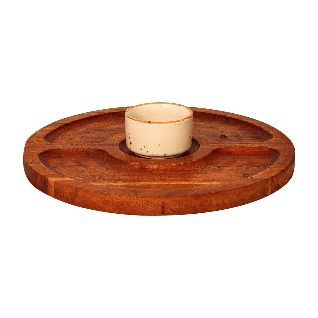 Femora Round Wooden Serving Tray with Bowl, 1 pc Tray & Bowl, 10 Inch(25 * 25 CM), 1 Year Warranty.