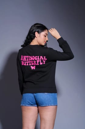 Antisocial Butterfly Printed Black Sweatshirt for Women S