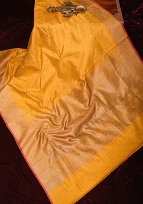 Authentic Banarasi Antique Zari Trellis Pattern Pure Dupion Silk Saree in Yellow  | SILK MARK CERTIFIED