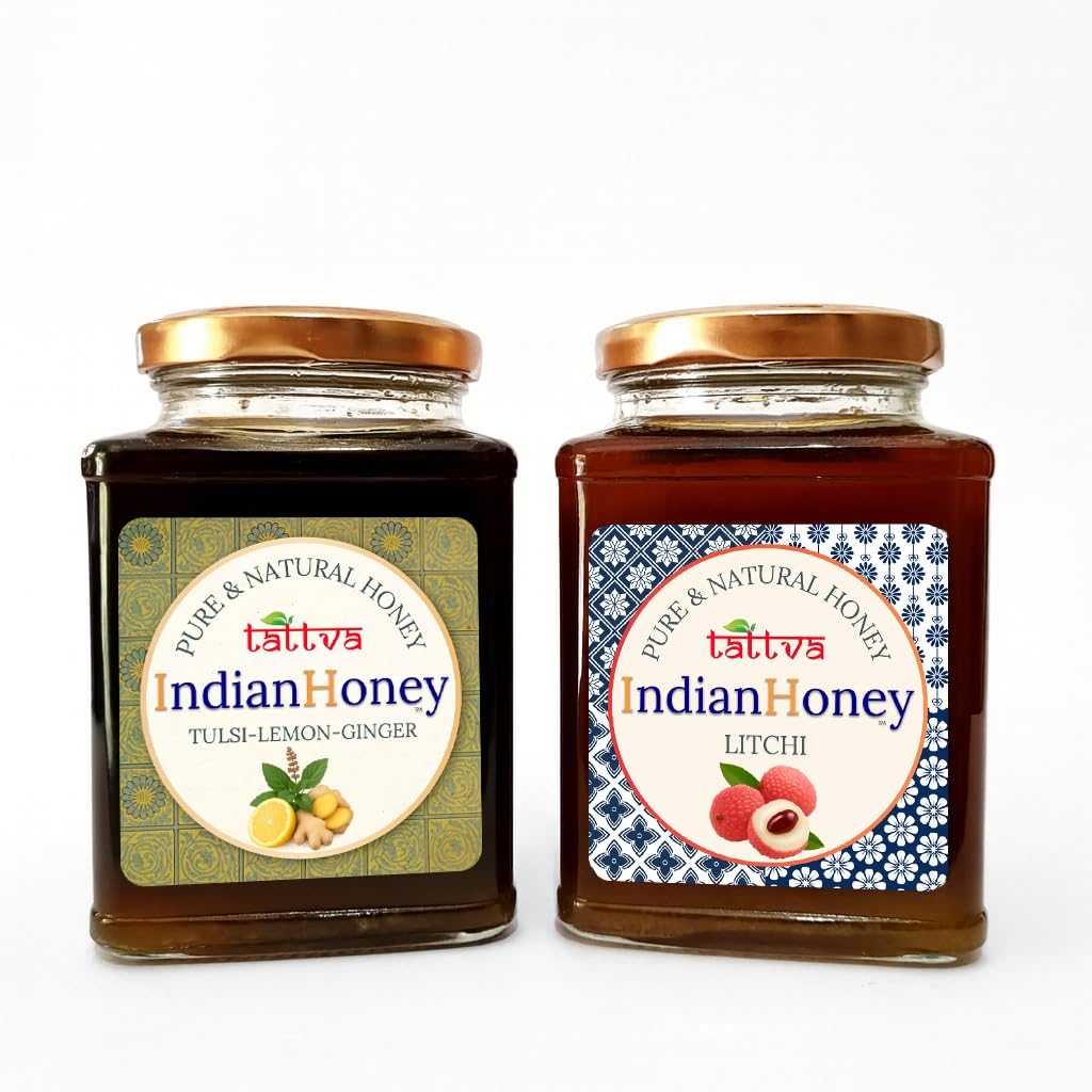 IndianHoney Litchi with Tulsi Lemon Ginger Combo (Pack of 2) | Pure & Natural | 1kg (500g Each) | Unprocessed & Unfiltered Natural Sweetener
