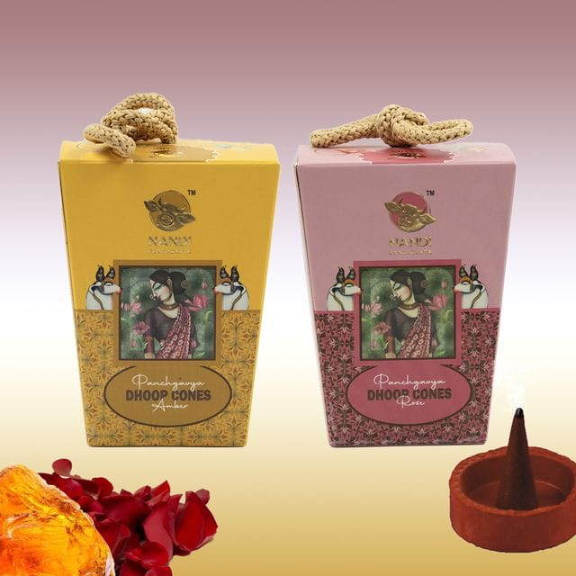 Nandi Panchgavya 100 Percent Cow Dung Amber& Rose Dhoop Cones (100 Pcs) with Stand