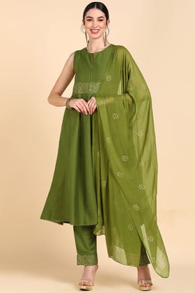 Olive Green Poly Silk Flared Suit Set PKSKD1413