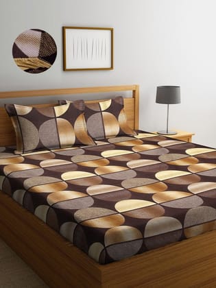 Brown & Cream-Coloured Geometric 300 TC King Bedsheet with 2 Pillow Covers