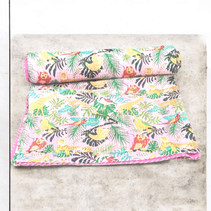 Hand Quilted Kantha Bedcover- Pink fauna-90 x 100 inches