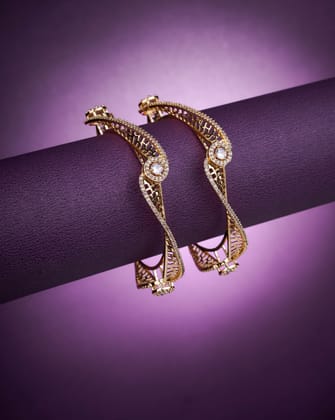 Pristine Curly Studded Gold Bangles (Pack of 2)-White / Gold Plated / 2.4