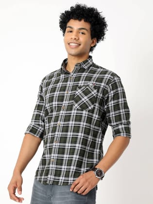 Men's Olive Green With White Checked Shirt | Rick Rogue-M/38