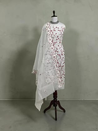 Handwoven Kota Doria Cotton-Silk Dress Material with Hand Embroidery