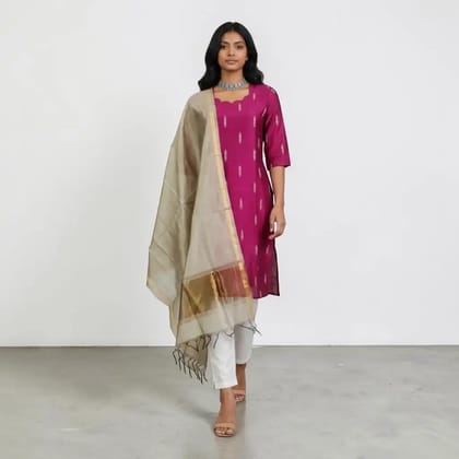 Rani Pink Raw Silk Kurti with Grey Zari-Border Dupatta, Mangalagiri