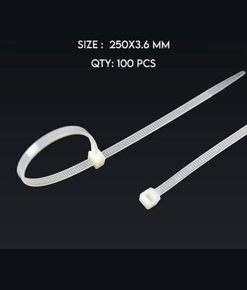 Teeth Grip Nylon Self Locking Cable Ties, White (250 mm x 3.6 mm, Pack of 100) Cable Tie