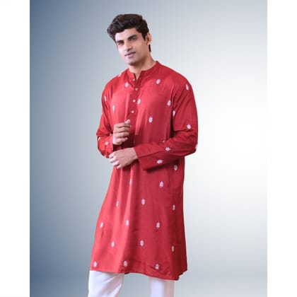 Embroidered Viscose Silk Men's Kurta | Maroon-Small