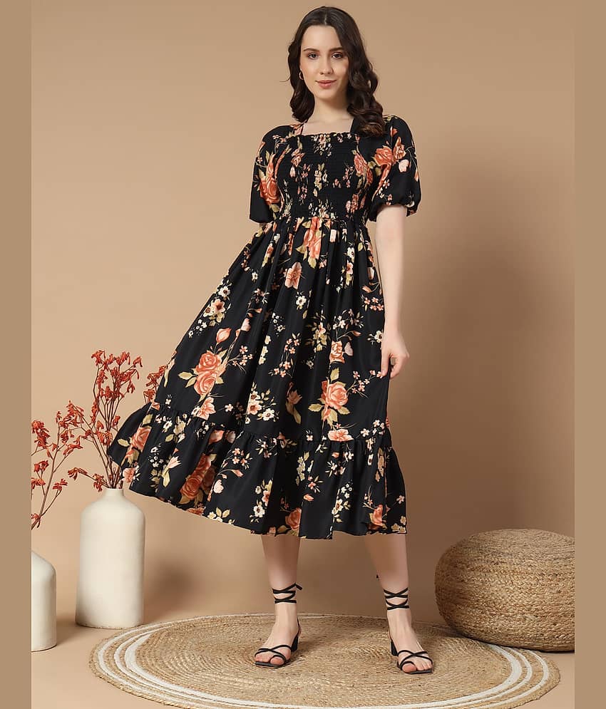 ZWERLON Women Rayon Printed Fit & Flare Dress ( Gold )