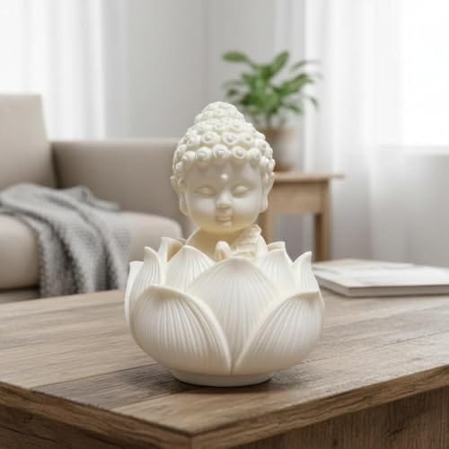 Decor White Lotus Buddha Idol Showpiece Decorative Figurine for Living Room Office Desk Meditation Room Tabletop