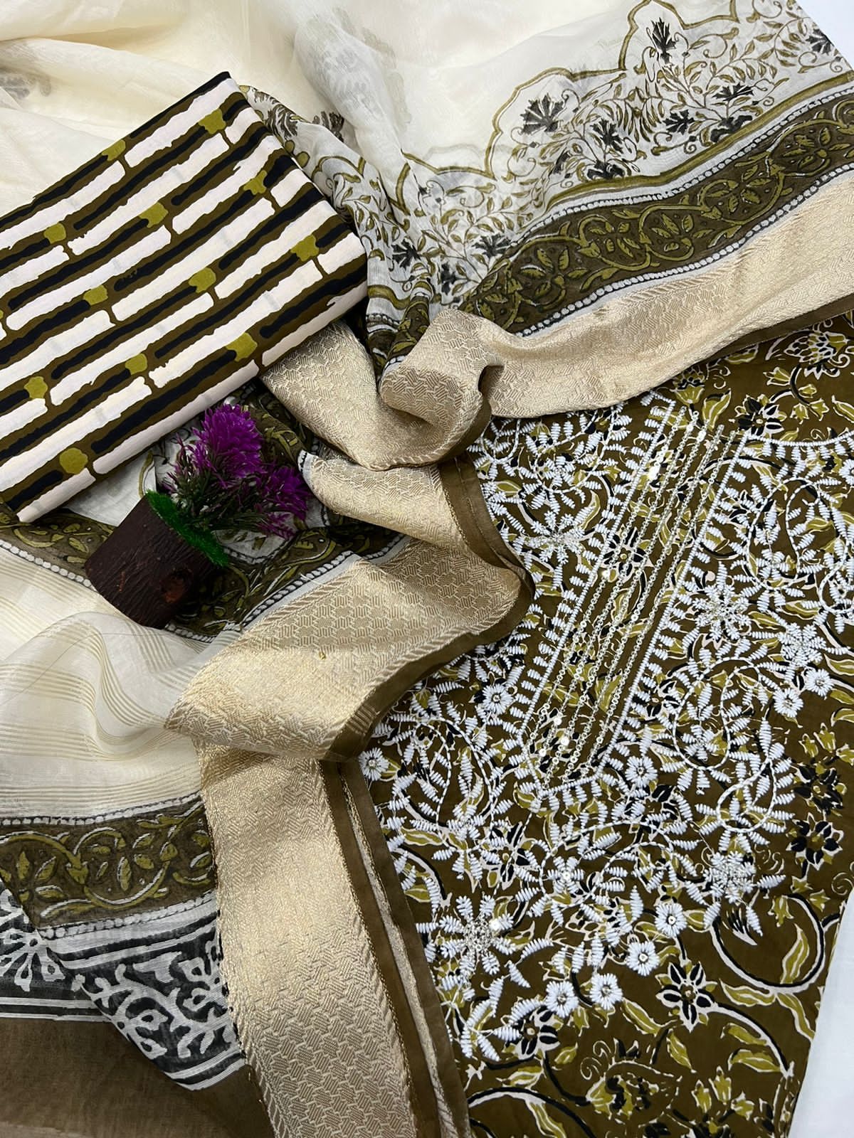 Embroidered Cotton Suit With Chanderi Dupatta