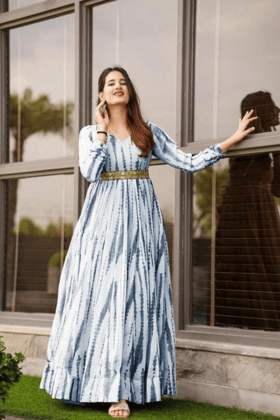 Georgette Pronted Gown with Belt-M / White