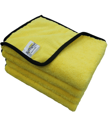 SOFTSPUN Microfiber High Loop, Silk Banded Edges, Car Cleaning Cloths, 40x40cms 4pcs (Yellow) Towel Set 380 GSM Highly Absorbent, Multi-Purpose Cleaning Cloth