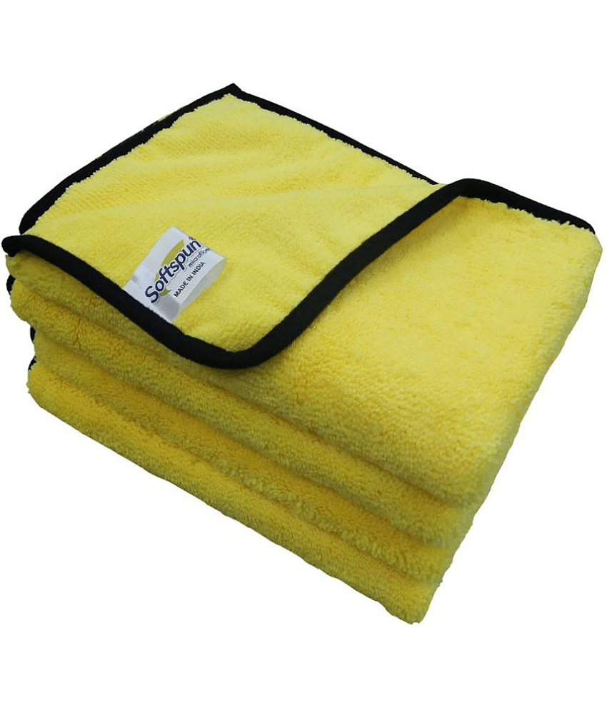 SOFTSPUN Microfiber High Loop, Silk Banded Edges, Car Cleaning Cloths, 40x40cms 4pcs (Yellow) Towel Set 380 GSM Highly Absorbent, Multi-Purpose Cleaning Cloth