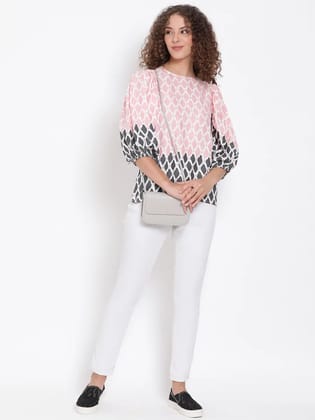 Peach Printed Statement Sleeve Top-S