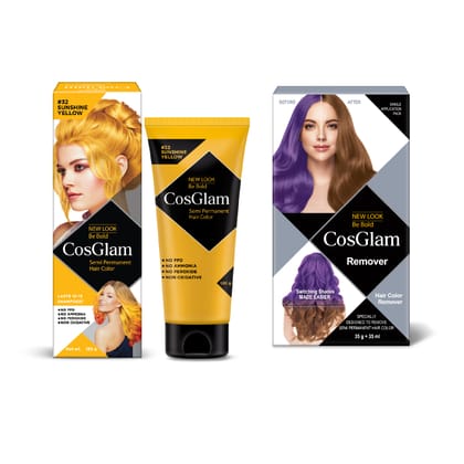 COSGLAM Semi Permanent Hair Color Sunshine Yellow 120g and Hair Color Remover 70ml, Switching Shades Made Easy