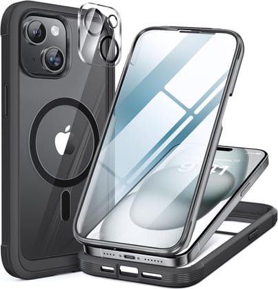 iPhone 15 360° Protection Case [BLACK] : Front Screen + Back Cover + Camera Protector