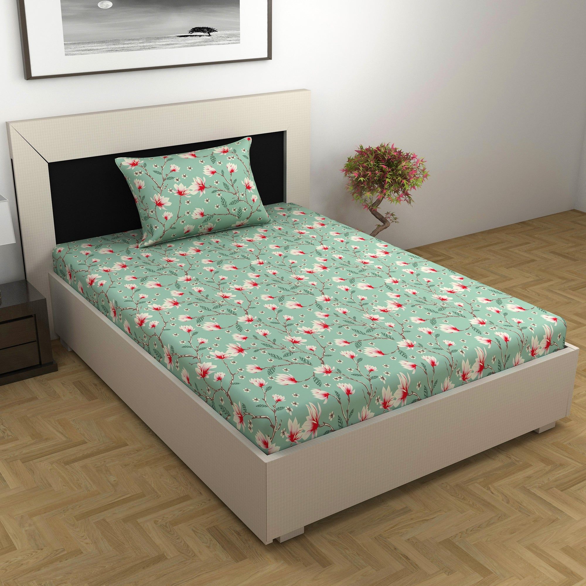 Blossom Haven Mint Elegant Single Bed Bedsheet-Single / Blossom Haven Mint / FL-2007-SB
