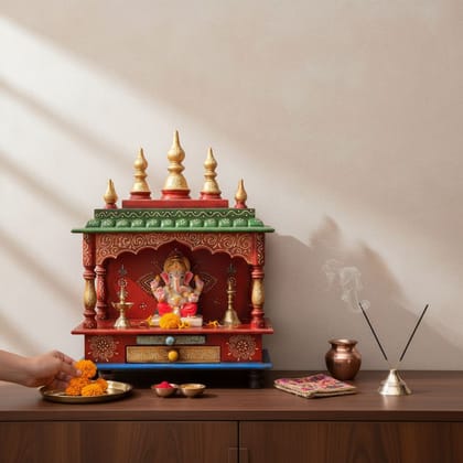 Wooden Beautiful Pooja Painted Wall Decor Temple Mandir-Pooja Mandir