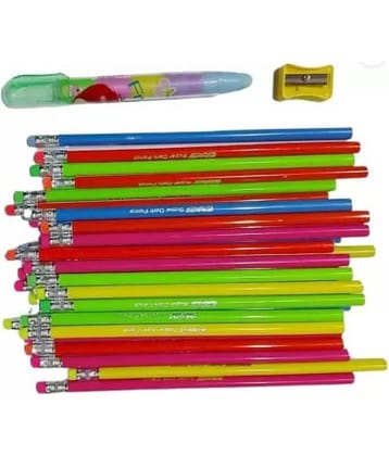 Posshe Flora Rubber Tip Super Dark 30 Pencil With 1 Push Eraser,1 Log Points Sharpner Pencil (Set of 30, Multicolor)