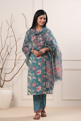 Maheen Firdous Bagh Kota Hand Block Printed Dupatta-88 X 254 CM / Teal / Pink / Green