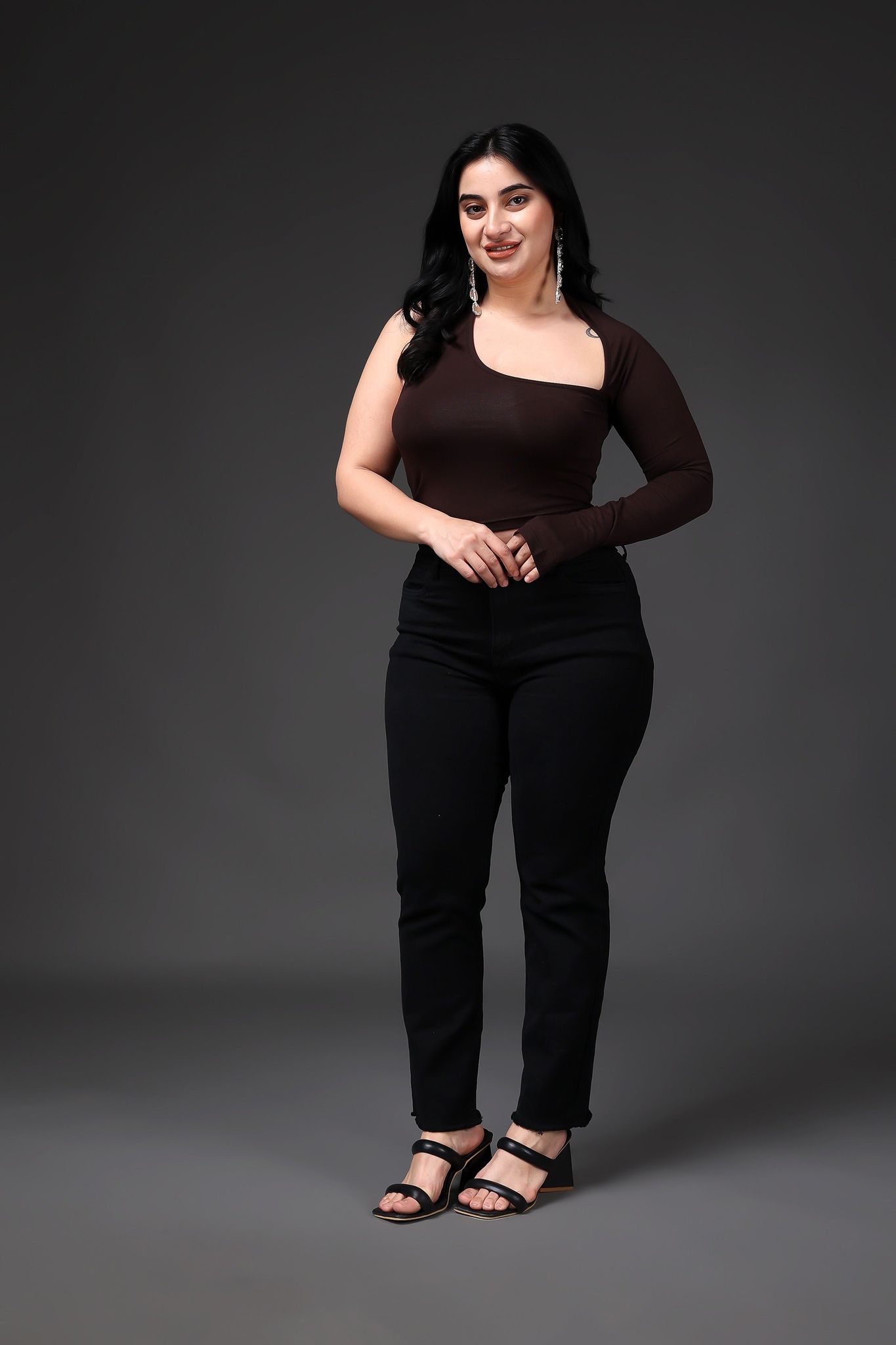 Brown Solid One Shoulder Crop Top-L / Brown