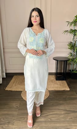 Summer Breeze Aari Embroidered White Crushed Cotton Kurti-XXXS