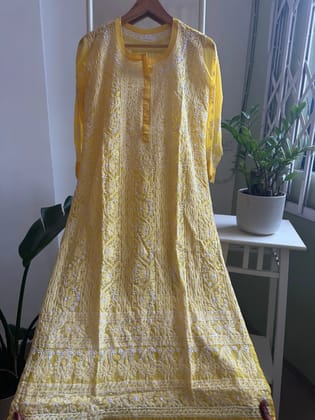 Chikankari Resham Jaal Kurti -  Yellow-Yellow / Semi Georgette / S