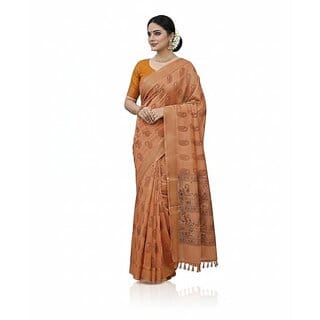 Fancy Linen Cotton Saree Mango Print Linen Saree Lightweight Casual Saree Office Wear Cotton Saree (Orange)
