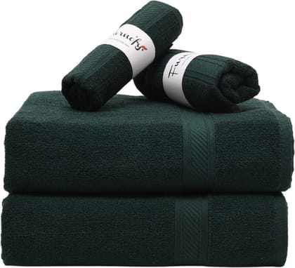 Furnofy Cotton 450 GSM Bath, Hand Towel Set Green (Pack Of 4)