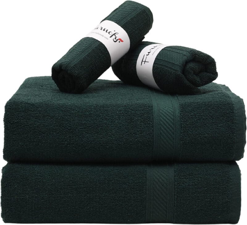 Furnofy Cotton 450 GSM Bath, Hand Towel Set Green (Pack Of 4)