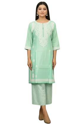 Premium Mint Green Chikankari Cotton Kurti - Exquisite Ethnic Wear for Women, Perfect for Office, Casual Outings, and Festive Occasions