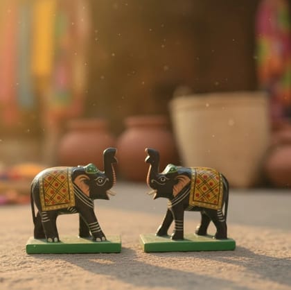 Icrafts Handmade Wooden Elephant Pair Traditional Decorative Figurines 7.62 x 3.81 x 7.62 cm