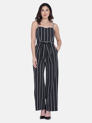 Striped Poly Crepe Comfort Fit Jumpsuit - Black-S