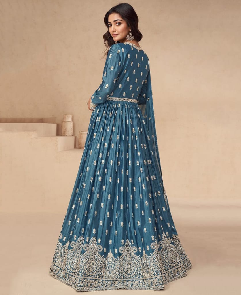 traditional front slit blue chinon anarkali set for women