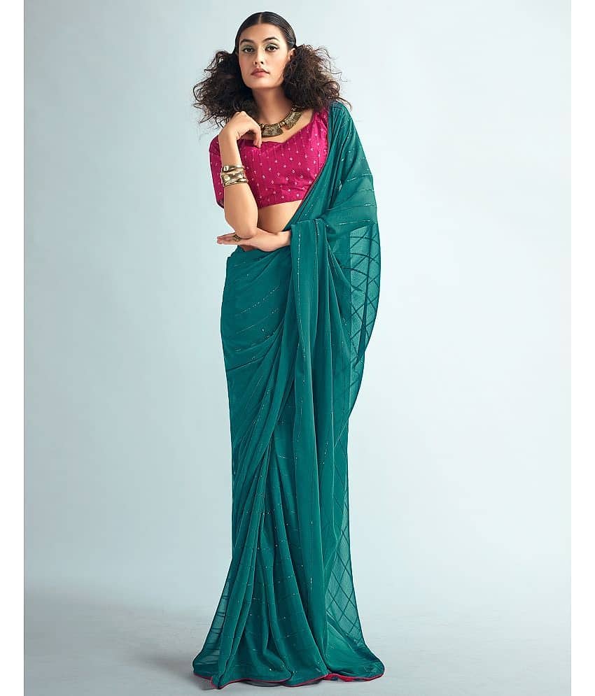 Samah Georgette Embellished Saree With Unstitched Blouse Piece ( Green )
