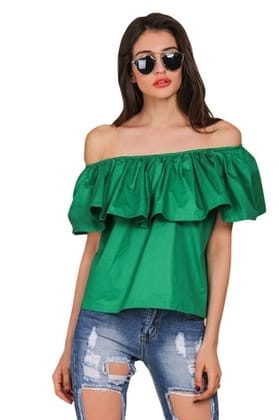 Kaamastra Green Off the Shoulder Ruffles Crop Top