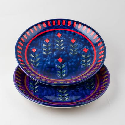 Blooming Plants Hand-painted Ceramic Dinner Plate 10 Inch Set of 2-10 Inches / Red / Blue / Ceramic