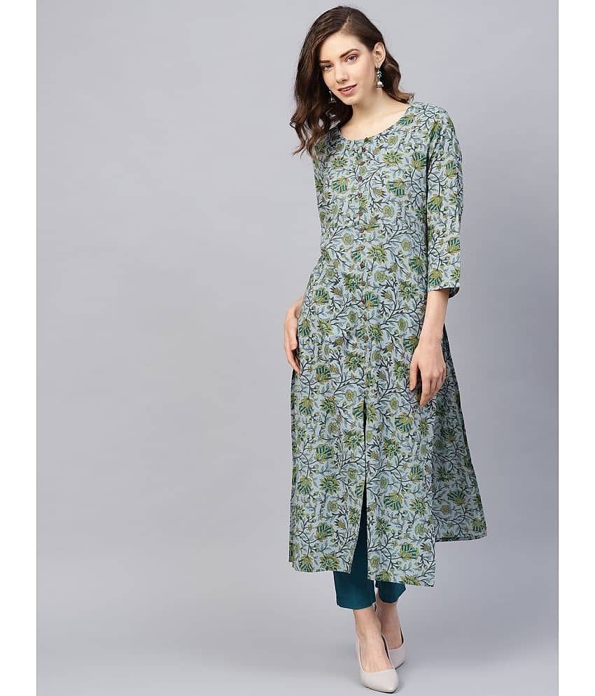 Varanga Cotton Printed Front Slit Women's Kurti - Green ( Pack of 1 )