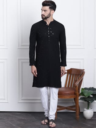 Men's Sequence Black Cotton Kurta and White Pyjama-36